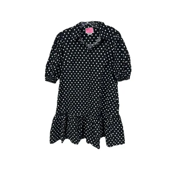 Kate Spade Harmony Dot Lake Dress Black Polka Dot Ruffle Hem Puff Sleeves Large - Picture 2 of 5